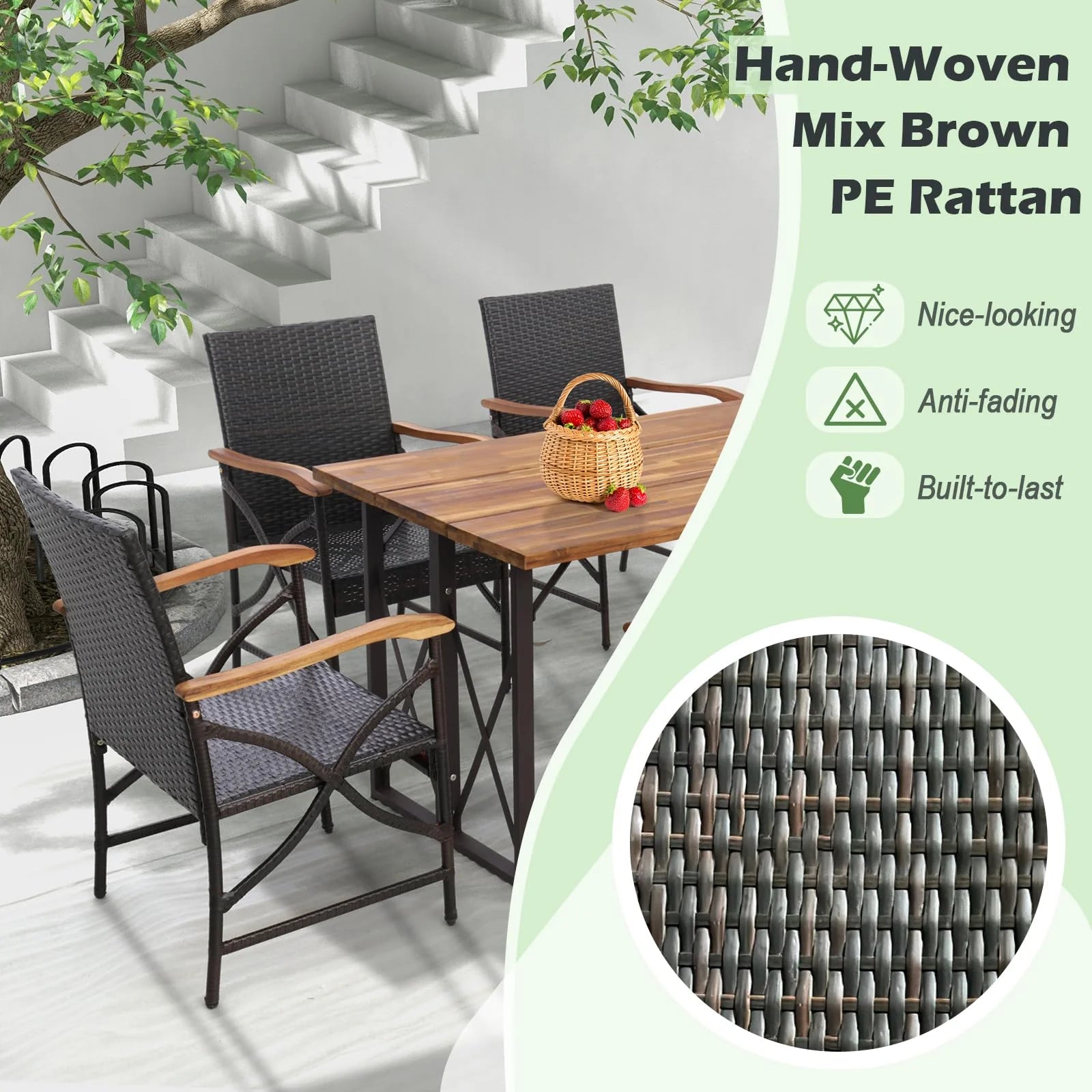 Tangkula 5 Pieces Outdoor Dining Set with Acacia Wood Table & 4 Wicker Rattan Armrest Chairs