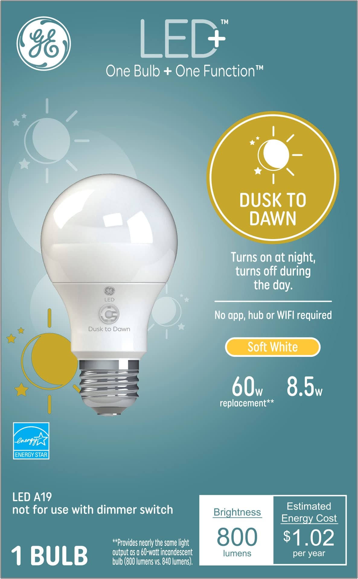Ge Light Bulb, LED+, Dusk to Dawn Soft White, 8.5 Watts