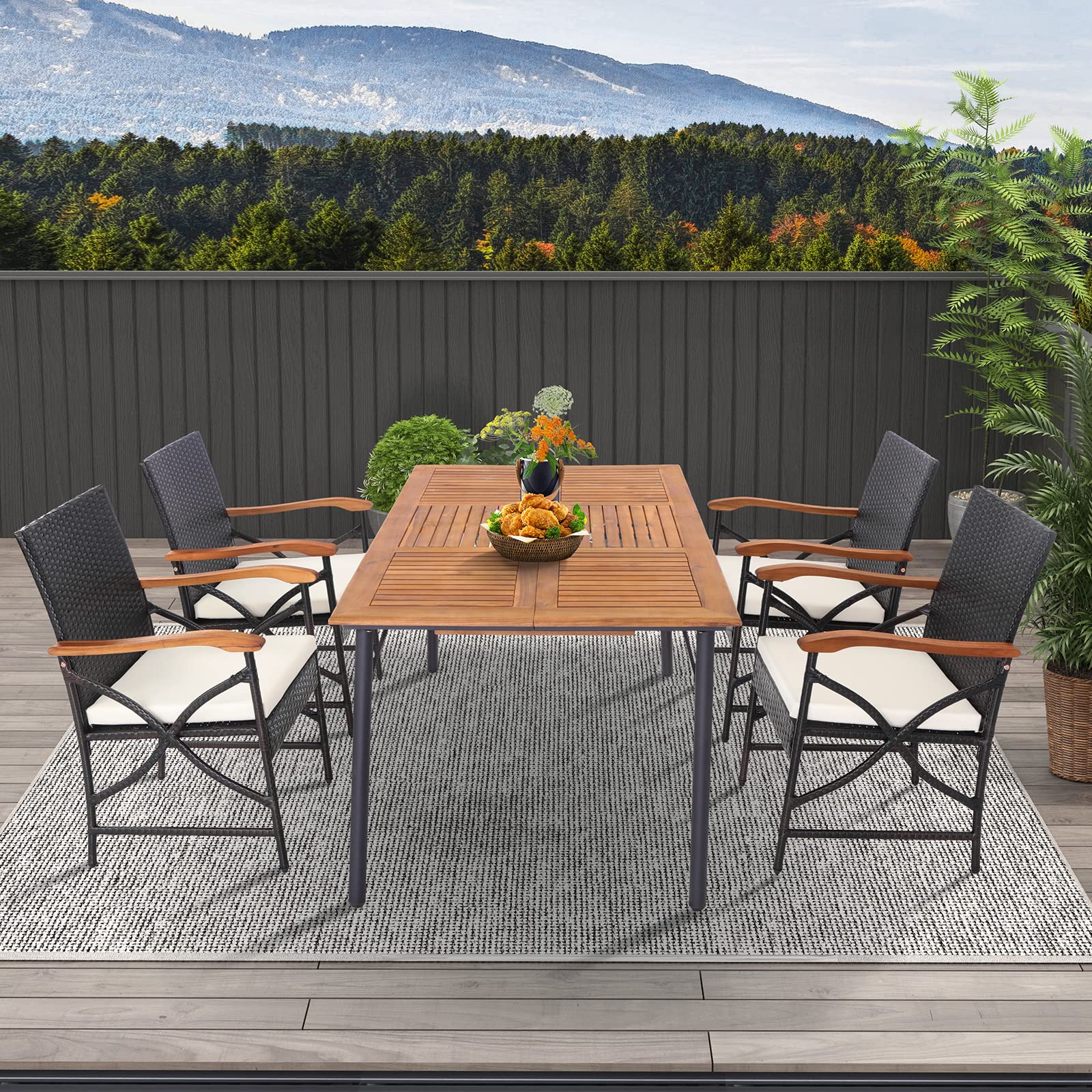 Tangkula 5 Pieces Outdoor Dining Set with Acacia Wood Table & 4 Wicker Rattan Armrest Chairs