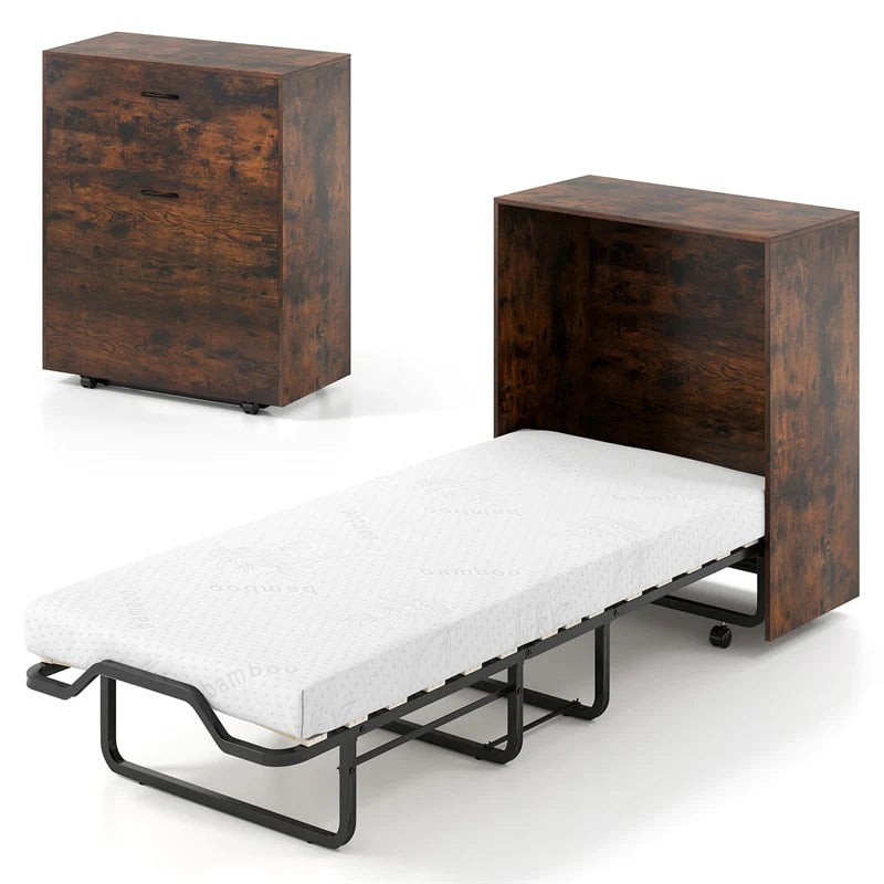 Cot Size Murphy Cabinet Bed with Mattress, 2-in-1 Folding Rollaway Guest Bed into Storage Cabinet with Lockable Wheels for Home Office