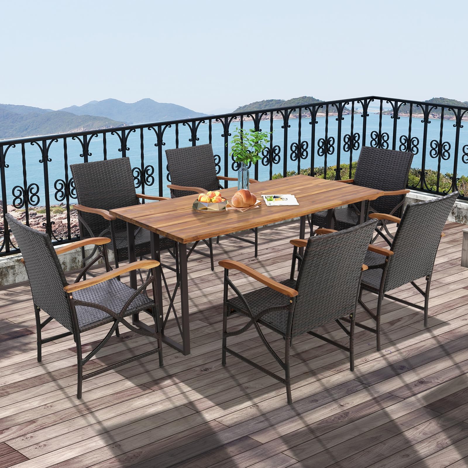Tangkula 5 Pieces Outdoor Dining Set with Acacia Wood Table & 4 Wicker Rattan Armrest Chairs