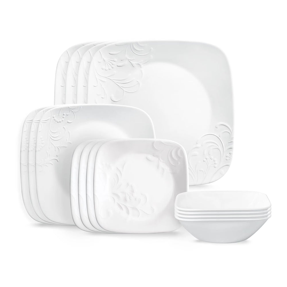 Corelle Cherish 16 - Piece Embossed Square Glass Dinnerware Set (Service for 4)
