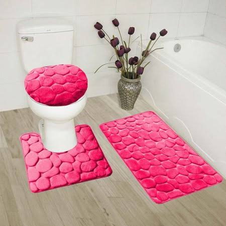 SAM2011 Rock Hot Pink 3-Piece Embossed Bathroom Rug Set Super Soft Memory Foam Bath Mat, Rug 19 inchx 30 inch, Contour Mat 19 inchx19 inch and Toilet Lid